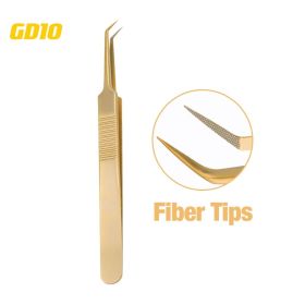 1 Pcs Eyelash Extension Tweezers With Fiber Tips Golden Stainless Steel High Precision Tweezer for Volume Fans Makeup Tools (Color: GD-10)