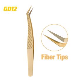 1 Pcs Eyelash Extension Tweezers With Fiber Tips Golden Stainless Steel High Precision Tweezer for Volume Fans Makeup Tools (Color: GD-12)