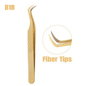 1 Pcs Eyelash Extension Tweezers With Fiber Tips Golden Stainless Steel High Precision Tweezer for Volume Fans Makeup Tools (Color: GD-B18)