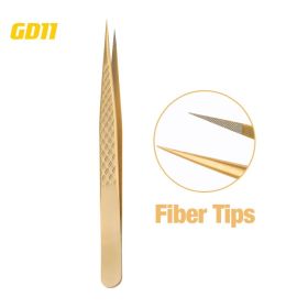1 Pcs Eyelash Extension Tweezers With Fiber Tips Golden Stainless Steel High Precision Tweezer for Volume Fans Makeup Tools (Color: GD-11)