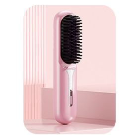 Wet Dry Hair Straightener Portable Hair Comb Cordless Hair Straightener Brush with Fast Heating Negative Ions for Fluffy Curly (Color: Pink)